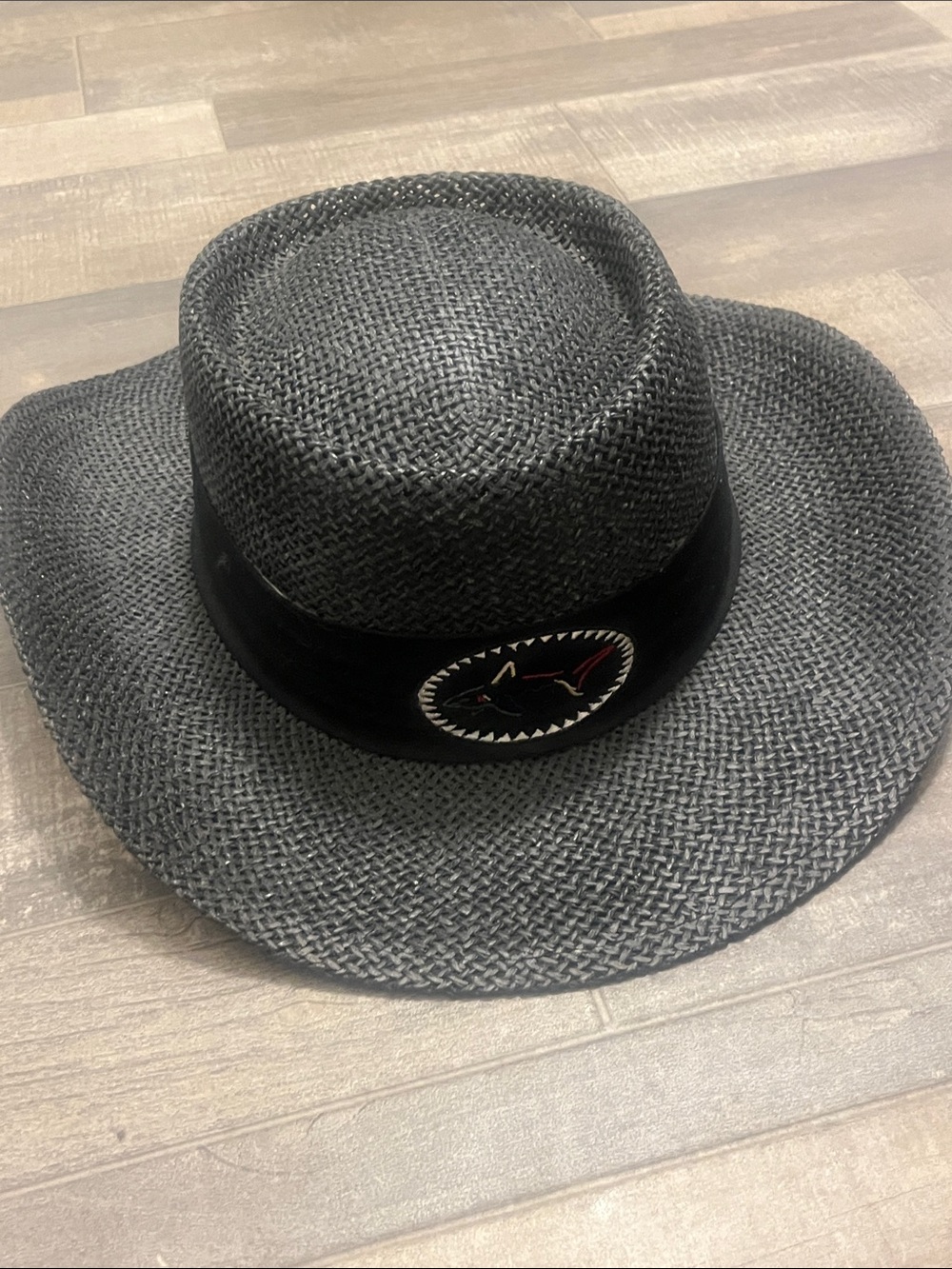 Greg Norman Black Straw Hat with Multicolor Shark Accent